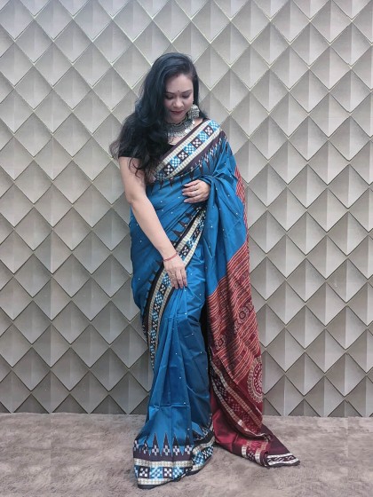 ROYAL BLUE AND RED SAMBALPURI SILK SAREE